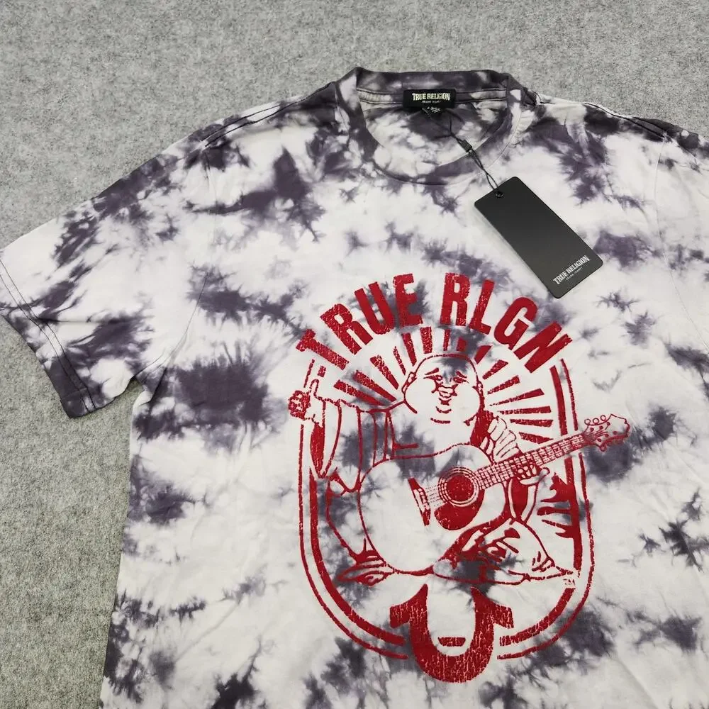 True Religion Shirt Mens Medium Tie Dye Onyx White SS Lullaby Buddha Graphic Tee